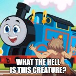 Inosuke reacts to the reboot Thomas | WHAT THE HELL IS THIS CREATURE? | image tagged in inosuke reacts to the reboot thomas,thomas the tank engine,demon slayer | made w/ Imgflip meme maker