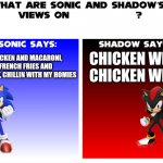 Sonic and shadow’s views on... | CHICKEN AND MACARONI, FRENCH FRIES AND BALONEY, CHILLIN WITH MY HOMIES; CHICKEN WING CHICKEN WING | image tagged in sonic and shadow s views on | made w/ Imgflip meme maker
