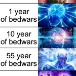 bedwars | 1 day of bedwars; 1 week of bedwars; 1 month of bedwars; 1 year of bedwars; 10 year of bedwars; 55 year of bedwars; 100 year of bedwars; 110 year of bedwars; 1,000 year of bedwars | image tagged in 9-tier expanding brain | made w/ Imgflip meme maker