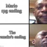 I am the sadness | Mario rpg ending; The remake's ending | image tagged in crying man,sad right,mario rpg,smrpg,rpg mario,super mario | made w/ Imgflip meme maker