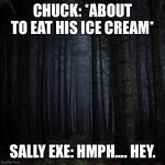 Chuck Meets Sally Exe | CHUCK: *ABOUT TO EAT HIS ICE CREAM*; SALLY EXE: HMPH…. HEY. | image tagged in dark forest | made w/ Imgflip meme maker