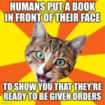 What else could I mean? | HUMANS PUT A BOOK IN FRONT OF THEIR FACE; TO SHOW YOU THAT THEY'RE READY TO BE GIVEN ORDERS | image tagged in memes,bad advice cat,cats,advice,behavior,humans | made w/ Imgflip meme maker