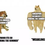just went to singapore | SINGAPORE RESIDENTS DURING THE SUMMER; USA RESIDENTS DURING THE SUMMER; "WEAKLINGS..."; "NOOO ITS SO HOT DURING THE SUMMER" | image tagged in funny memes,fun | made w/ Imgflip meme maker