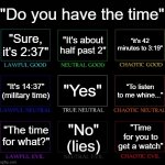 Alignment Chart | "Do you have the time"; "Sure, it's 2:37"; "It's about half past 2"; "it's 42 minutes to 3:19"; "Yes"; "To listen to me whine..."; "It's 14:37" (military time); "The time for what?"; "No" (lies); "Time for you to get a watch" | image tagged in alignment chart | made w/ Imgflip meme maker