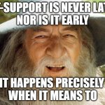 IT-Support | IT-SUPPORT IS NEVER LATE
NOR IS IT EARLY; IT HAPPENS PRECISELY 
WHEN IT MEANS TO | image tagged in a wizard is never late | made w/ Imgflip meme maker