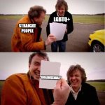 Dreamsickening | LGBTQ+; STRAIGHT PEOPLE; "DREAMSEXUAL" | image tagged in two guys laughing | made w/ Imgflip meme maker