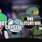 databoot and his gang for some reason | UNNAMEDSTUFF; ONE GLITCHY BOI; DATABOOT; CRYSTAL | image tagged in the devs of ttla concerned after the playful is in fishing gear,memes | made w/ Imgflip meme maker
