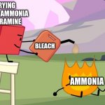 Welp your gonna die | ME TRYING BLEACH + AMMONIA = CHLORAMINE; BLEACH; AMMONIA | image tagged in blocky pouring gasoline on firey | made w/ Imgflip meme maker