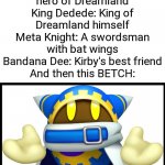 Kirby's Return to Dreamland in a nutshell | Kirby: The main hero of Dreamland
King Dedede: King of Dreamland himself
Meta Knight: A swordsman with bat wings
Bandana Dee: Kirby's best friend
And then this BETCH: | image tagged in magolor gang unite,memes,kirby,why are you reading this | made w/ Imgflip meme maker