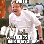 Chef Gordon Ramsay | WAITER; THERE’S A HAIR IN MY SOUP | image tagged in memes,chef gordon ramsay | made w/ Imgflip meme maker