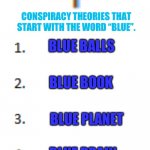 Top 5 List | CONSPIRACY THEORIES THAT START WITH THE WORD “BLUE”. BLUE BALLS; BLUE BOOK; BLUE PLANET; BLUE BRAIN; BLUE BEAM | image tagged in top 5 list | made w/ Imgflip meme maker