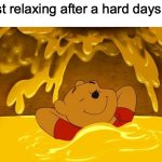 I hd to remove a tree from a dudes house | Me just relaxing after a hard days labor: | image tagged in pooh hunny relaxation | made w/ Imgflip meme maker