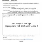 Poison Banned from ROBLOX | Today at 11:01 am; Repeatedly uploading explicit content into our platform
goes against the Terms of Service. Because of this,
we will no longer accept/look in appeals from you. Your account has been permanently deleted, and you are no longer welcome to Roblox. Repeatedly uploading explicit content; this image is not age
appropriate, y'all dont need to see it | image tagged in poison banned from roblox | made w/ Imgflip meme maker
