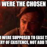 You Were The Chosen One (Star Wars) | YOU WERE THE CHOSEN ONE; YOU WERE SUPPOSED TO EASE THE MISERY OF EXISTENCE, NOT ADD TO IT | image tagged in memes,you were the chosen one star wars | made w/ Imgflip meme maker