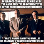 Insurance | INSURANCE COMPANIES REMIND ME OF THE MAFIA. THEY TRY TO INTIMIDATE YOU INTO BUYING PROTECTION WITH STATEMENTS LIKE; "THAT'S A GREAT FAMILY YOU HAVE!.....IT WOULD BE A SHAME IF SOMETHING HAPPENED TO THEM." | image tagged in sopranos | made w/ Imgflip meme maker