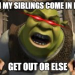 Shrek What are you doing in my swamp? | ME WHEN MY SIBLINGS COME IN MY ROOM; GET OUT OR ELSE | image tagged in shrek what are you doing in my swamp | made w/ Imgflip meme maker