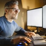 Mature man sitting at desk at home working on computer stock pho