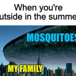 Not even joking, I saw at least 100 in one night while camping -_- | When you're outside in the summer:; MOSQUITOES; MY FAMILY | image tagged in alien craft | made w/ Imgflip meme maker