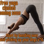 Coming soon | Free yoga classes coming soon; Start by bending over and picking up your dogs s*it. | image tagged in free yoga classes,coming soon,start now,bend over,dog poo,fun | made w/ Imgflip meme maker