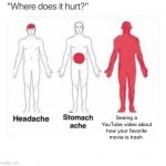 Pain | Seeing a YouTube video about how your favorite movie is trash | image tagged in where does it hurt | made w/ Imgflip meme maker