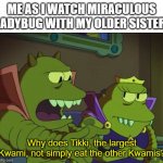 Miraculous Ladybug is such a weird show | ME AS I WATCH MIRACULOUS LADYBUG WITH MY OLDER SISTER:; Why does Tikki, the largest Kwami, not simply eat the other Kwamis? | image tagged in why does x the largest y not simply eat the others,miraculous ladybug | made w/ Imgflip meme maker