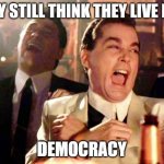 democracy | THEY STILL THINK THEY LIVE IN A; DEMOCRACY | image tagged in goodfellas laugh | made w/ Imgflip meme maker