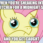 Uncomfortable Fluttershy | WHEN YOU'RE SNEAKING INTO THE KITCHEN FOR A MIDNIGHT SNACK; AND YOU GET CAUGHT | image tagged in uncomfortable fluttershy,memes,midnight snack,family,busted | made w/ Imgflip meme maker