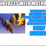 She's right. | SOMEBODY IS 10 KILOMETERS FROM YOUR CURRENT LOCATION AND APPROACHING AT AN ALARMING RATE. START RUNNING. | image tagged in fun facts with mothra | made w/ Imgflip meme maker