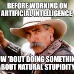 Sam Elliott Cowboy | BEFORE WORKING ON ARTIFICIAL INTELLIGENCE, MEMEs by Dan Campbell; HOW 'BOUT DOING SOMETHING ABOUT NATURAL STUPIDITY | image tagged in sam elliott cowboy | made w/ Imgflip meme maker