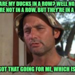 So I Got That Goin For Me Which Is Nice | ARE MY DUCKS IN A ROW? WELL NO, THEY'RE NOT IN A ROW, BUT THEY'RE IN A POND; SO I GOT THAT GOING FOR ME, WHICH IS NICE | image tagged in memes,so i got that goin for me which is nice | made w/ Imgflip meme maker