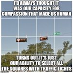 select all the boxes | I'D ALWAYS THOUGHT IT WAS OUR CAPACITY FOR COMPASSION THAT MADE US HUMAN; TURNS OUT IT'S JUST OUR ABILITY TO SELECT ALL THE SQUARES WITH TRAFFIC LIGHTS | image tagged in traffic lights | made w/ Imgflip meme maker