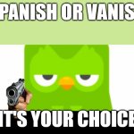 duolingo | SPANISH OR VANISH; IT'S YOUR CHOICE | image tagged in duolingo was unimpressed | made w/ Imgflip meme maker