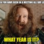 What Year Is It | WHEN YOU HAVE BEEN IN A MEETING ALL DAY LONG-; WHAT YEAR IS IT? | image tagged in memes,what year is it,meetings,office humor,work sucks,funny | made w/ Imgflip meme maker