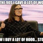 Cathie Wood fund manager | IN THE 90S I GAVE A LOT OF WOOD; NOW I BUY A LOT OF HOOD... STOCK | image tagged in cathy woods hides the pain,robinhood,stock market,stonks | made w/ Imgflip meme maker