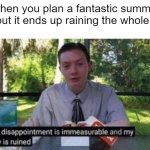 Why you must hurt me this way. | When you plan a fantastic summer trip, but it ends up raining the whole time: | image tagged in my dissapointment is immeasurable and my day is ruined,memes,funny,summer,so true memes,relatable memes | made w/ Imgflip meme maker