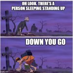 Luffy pushing zombie | OH LOOK. THERE'S A PERSON SLEEPING STANDING UP; DOWN YOU GO | image tagged in luffy pushing zombie | made w/ Imgflip meme maker