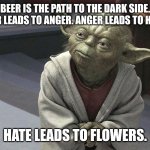 Beer leads to flowers | BEER IS THE PATH TO THE DARK SIDE. BEER LEADS TO ANGER. ANGER LEADS TO HATE. HATE LEADS TO FLOWERS. | image tagged in fear leads to anger anger leads to hate hate leads to sufferin,beer,star wars yoda,flowers | made w/ Imgflip meme maker