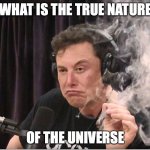 elons ai | WHAT IS THE TRUE NATURE; OF THE UNIVERSE | image tagged in elon musk smoking a joint,ai | made w/ Imgflip meme maker