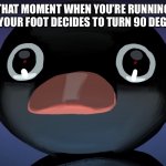 Pingu stare | THAT MOMENT WHEN YOU’RE RUNNING AND YOUR FOOT DECIDES TO TURN 90 DEGREES | image tagged in pingu stare | made w/ Imgflip meme maker