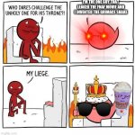 Oh crap grimace didn't come with :o | I'M THE ONE GUY THAT LEAKED THE FNAF MOVIE AND I INVENTED THE GRIMACE SHAKE | image tagged in who dares challenge the unholy one,grimace,fnaf,memes | made w/ Imgflip meme maker