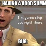 I'm gonna stop you right there | ME: HAVING A GOOD SUMMER; BUG: | image tagged in i'm gonna stop you right there | made w/ Imgflip meme maker