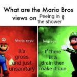If you do these then you are a bad person | Peeing in the shower; It's gross and just unsanitary; If there is a drain then make it rain | image tagged in mario bros views,peeing in the shower,gross | made w/ Imgflip meme maker