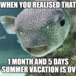 The Realisation that hits so hard | WHEN YOU REALISED THAT; 1 MONTH AND 5 DAYS OF SUMMER VACATION IS OVER | image tagged in surprised pufferfish | made w/ Imgflip meme maker