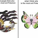 Vivillon is Satan Confirmed | what I think who is the most evil Pokemon; what people think who is the most evil Pokemon | image tagged in thinking | made w/ Imgflip meme maker