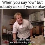 XD | When you say "ow" but nobody asks if you're okay | image tagged in hey panini head are you listening to me | made w/ Imgflip meme maker