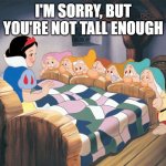 Snow White & The Seven Dwarves | I'M SORRY, BUT YOU'RE NOT TALL ENOUGH | image tagged in snow white the seven dwarves | made w/ Imgflip meme maker