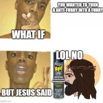 lol | YOU WANTED TO TURN A ANTI-FURRY INTO A FURRY; WHAT IF; LOL NO; PEOPLE THAT WANT TO TURN ANTI-FURRIES INTO FURRIES SPRAY KILLED; BUT JESUS SAID | image tagged in what if you blank,anti furry,furry | made w/ Imgflip meme maker