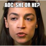 AOC stoned face | AOC, SHE OR HE? | image tagged in aoc stoned face | made w/ Imgflip meme maker