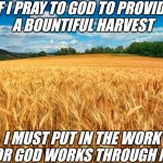 He works through me | IF I PRAY TO GOD TO PROVIDE
 A BOUNTIFUL HARVEST; I MUST PUT IN THE WORK
FOR GOD WORKS THROUGH ME | image tagged in harvest,prayer,god,praying,work | made w/ Imgflip meme maker