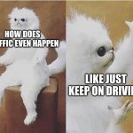just drive | HOW DOES TRAFFIC EVEN HAPPEN; LIKE JUST KEEP ON DRIVING | image tagged in confused white monkey,driving,cars are here | made w/ Imgflip meme maker